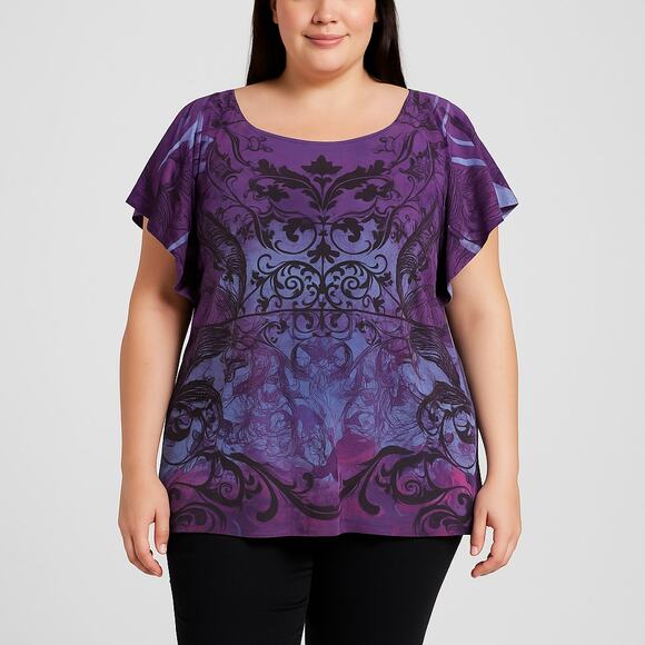 Unity Womens Top Size 2XL Purple Blue Damask Print Short Sleeve Blouse - Picture 1 of 5